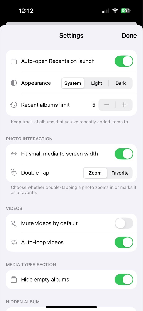 Opla Settings screen showing appearance, recent albums, photo interaction, video, and media type options